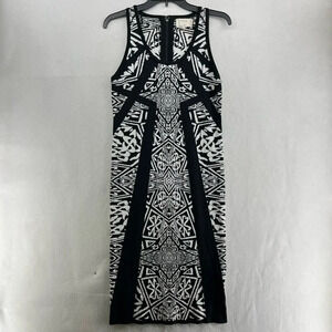 Artelier Nicole Miller Dress Women's Sz L Black Patterned Bodycon Sccop Neck